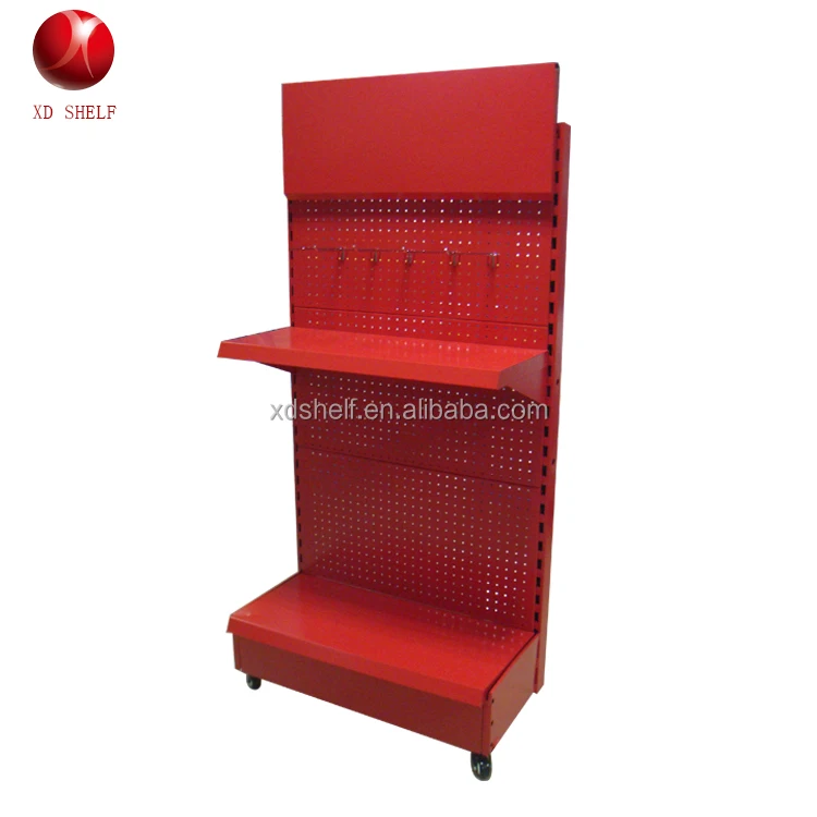 Silk printing Customize Logo Board Red Color Metal Pegboard display with wheels