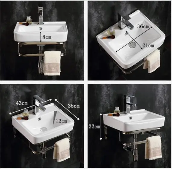 Square Design Ceramic Simple Wall Hung Basin with Stainless Steel Shelf