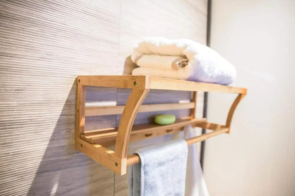 Bath Towel Rack Bar with Bamboo Shelf and Hooks for Bathroom Kitchen