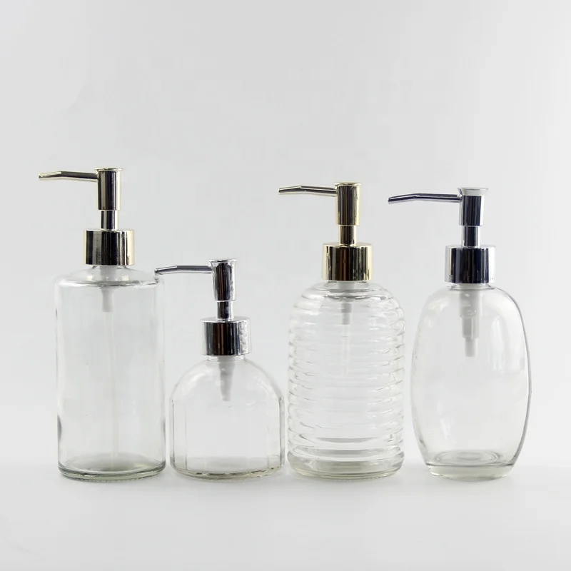 Horizontal thread glass hand sanitizer press pump bottle hotel hair shampoo shower spray 450ml manufacturer wholesale custom l