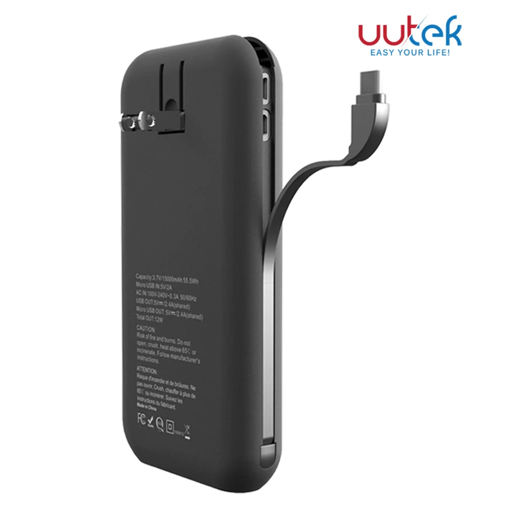 UUTEK RSQ9 высокое качество 5V 2A 2.4A 15000mAh Огромный внешний аккумулятор ul AC Внешний аккумулятор со встроенным кабелем type-c