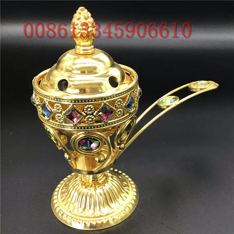 antique metal diamond incense burner with handle bar