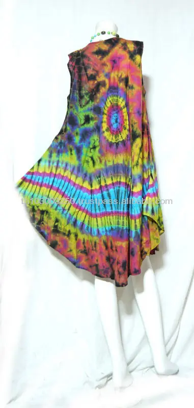 
Vintage Retro Thai Style HIPPIE BOHO FULL Tie Dye Handmade Polka Dot Butterfly Bat Wing Kaftan Tank Dress 