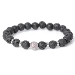 Bracelet Manufacturer Hot Sale 18K Gold Plating Micro Pave Black CZ Beads Bracelets, Men Bracelet Lava Stone Beads
