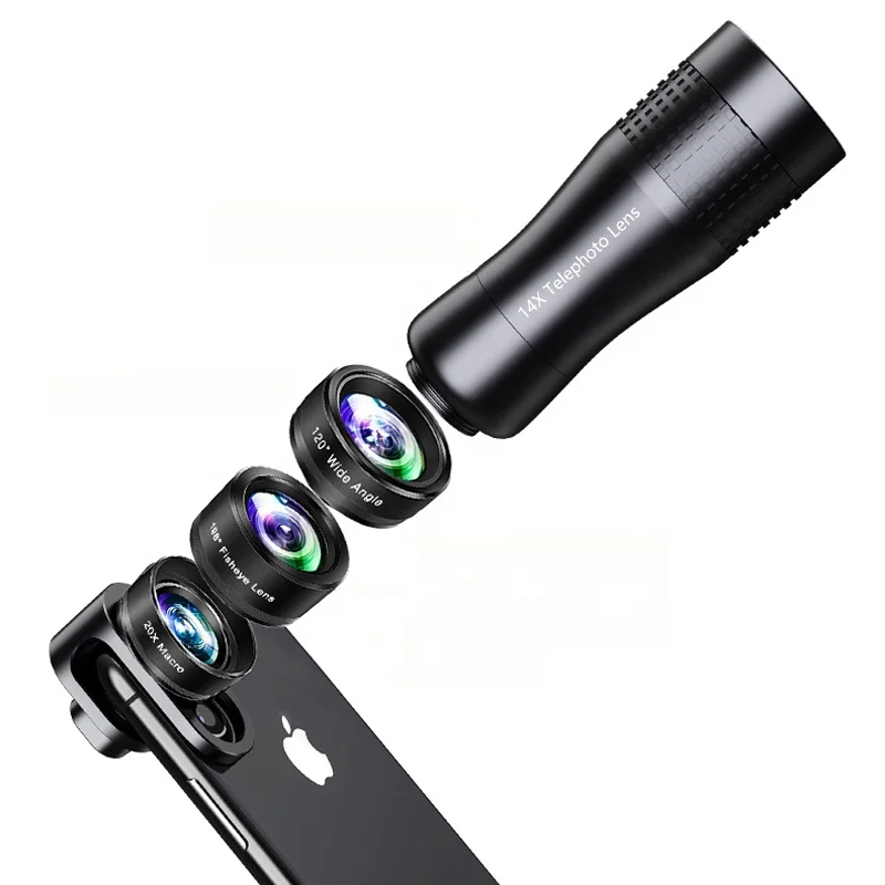 14X Aluminum telescopic selfie telephoto lens fisheye wide macro lens 4 in 1 phone camera lens kit for iPhone