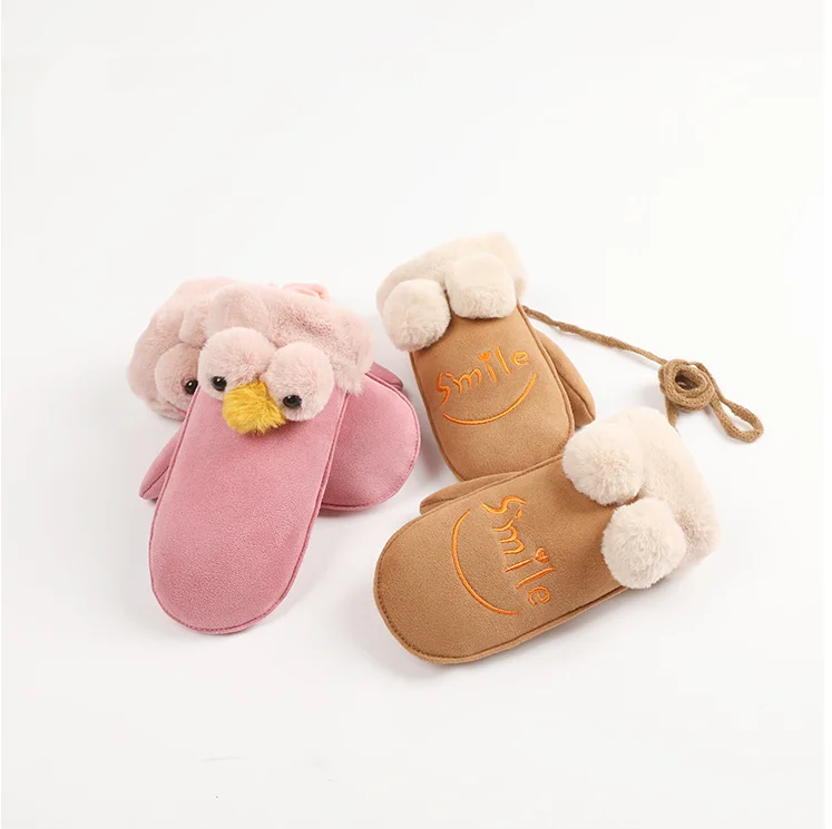 Winter Gloves Fingerless Kids Cartoon Knitted Stretch Warm Suede Fabric Full Finger Mittens Girls Boys Gloves