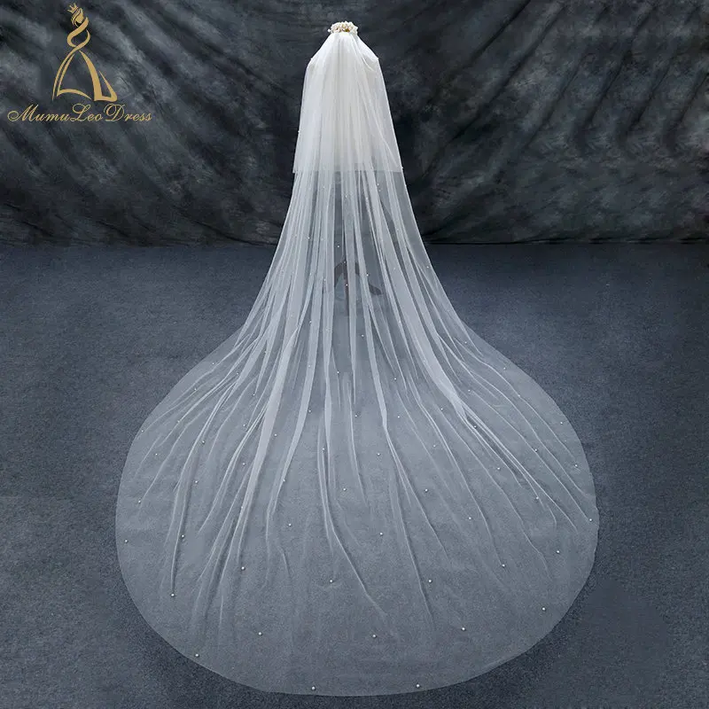 
2019 New Coming Cathedral Two Layers 3.5 M Soft Tulle Pearl Bridal Veils With Face Cover Layer 