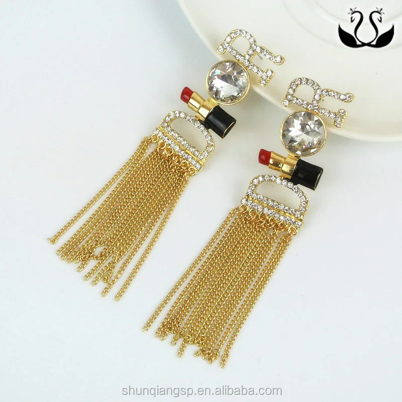 Hot Selling 5.3cm Letters Inlay Crystal Long Tassel Vintage big elegant gold earrings designs