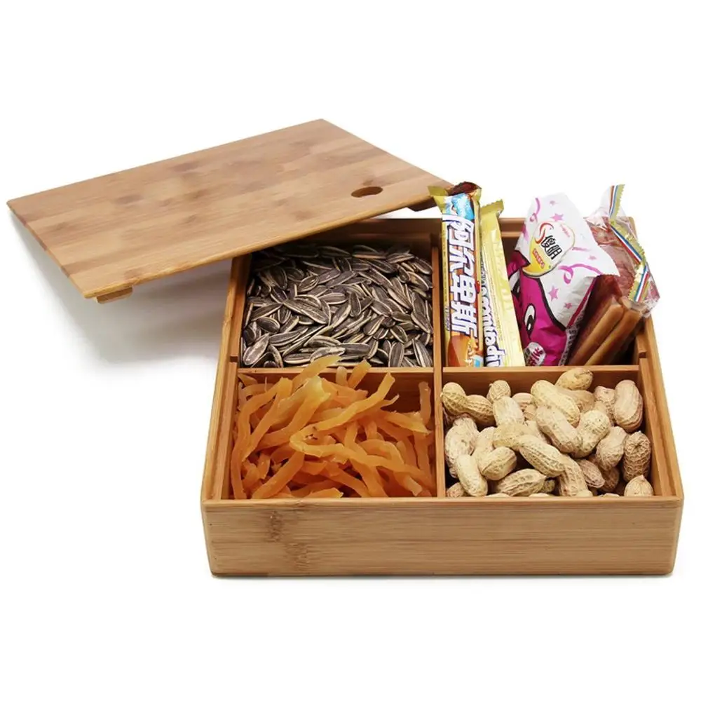 atural Bamboo Wood Storage Box with Dividers Creative Multi Use as Snack Organizer Pantry Fruits Basket Serving Tray Container