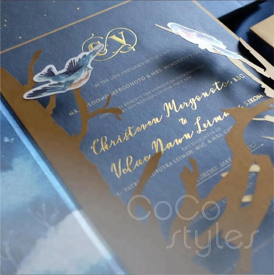 
Cocostyles bespoke creative gold foiling navy invitation card with snowflake and bird for winter wedding 