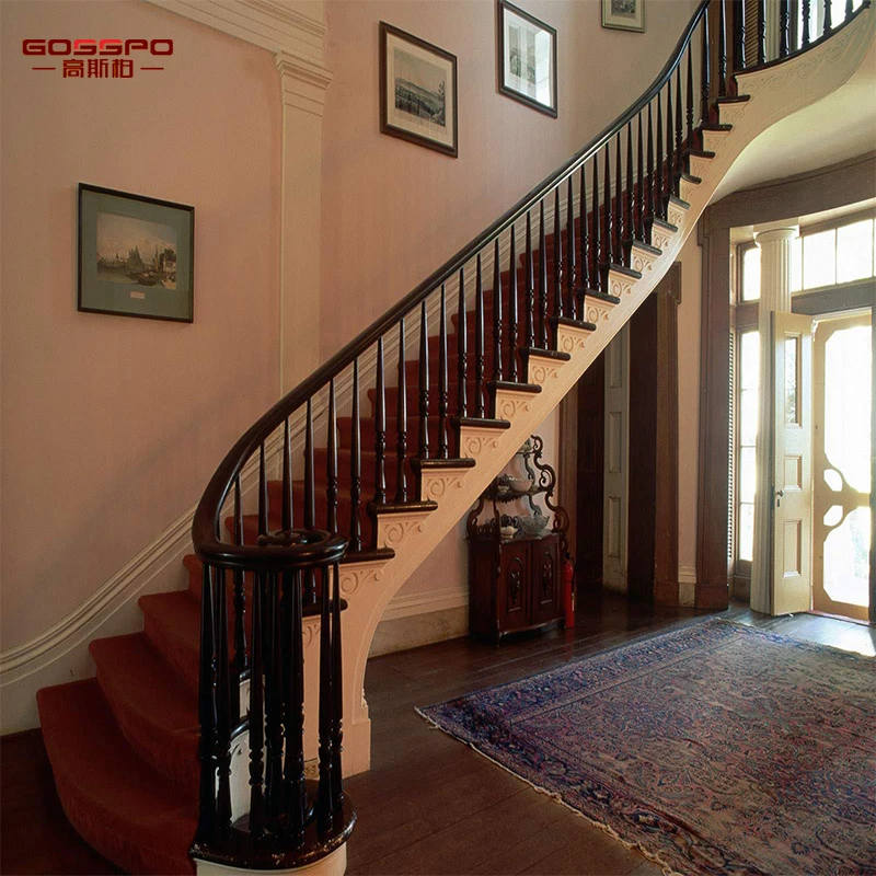
American Red Oak Interior Antique Carved Wood Staircase 