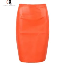 2016 Spring New Arrival PU Faux Leather High Waist Back Zipper Midi Tight Pencil Casual OL Skirt in Black/Orange