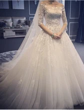 Glamorous 2016 New Arrival Appliques A Line Wedding Dress Vestido de novia Half Sleeve Lace Up Court Train Bridal Gown