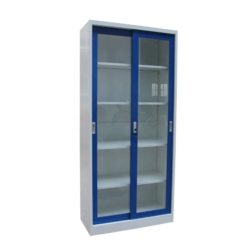 Hot Sale Steel Frame Glass Sliding Door Rolling Filing Cabinet with 4 Shelves Office Cupboards Design