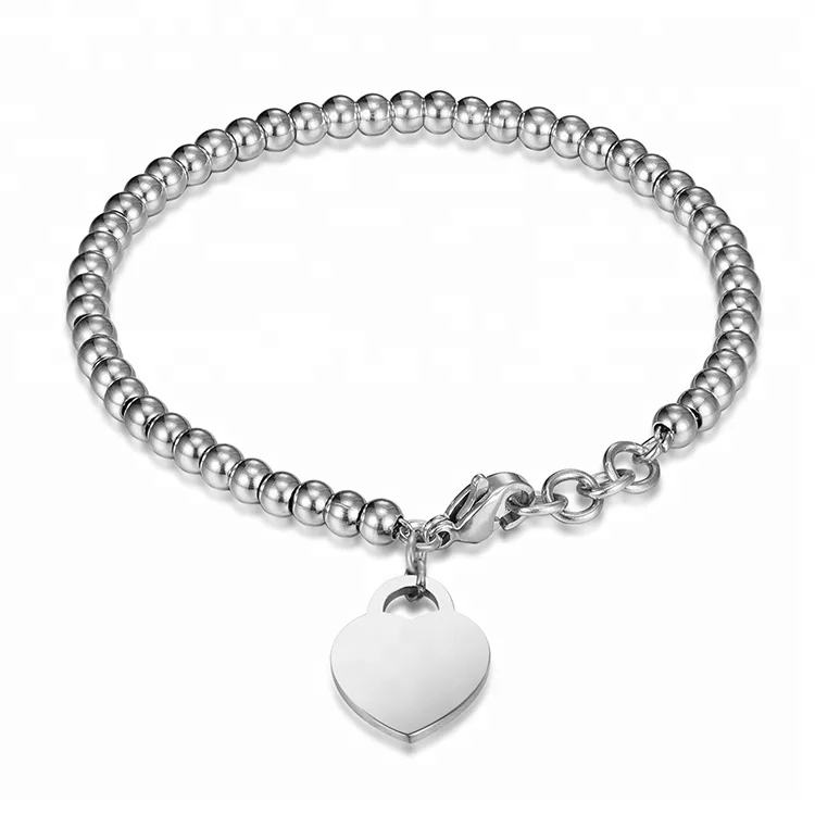 Wholesale High Quality Stainless Steel Cheap Beaded Bracelet for Women Unisex Jewelry Heart Charm Pendant Bracelet