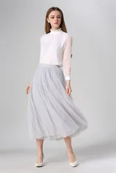Fashion Ladies Stylish Elastic High Waisted Pleated A-line Mid-calf Tulle skirts