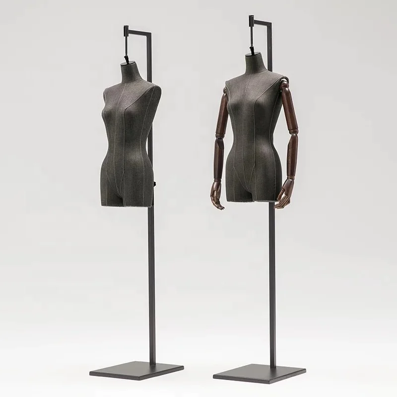 Wooden hands woman torso fabric dummy, display or dressmaking mannequin