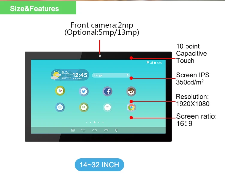 OEM Hot Sale DC/POE Power 14 inch touch screen wall mount android lcd advertising player