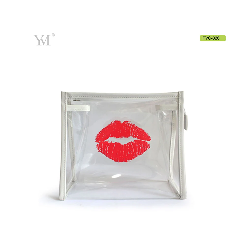 Luxury waterproof cosmetic packaging pouch oem zipper transparent pvc makeup bag with lips printed