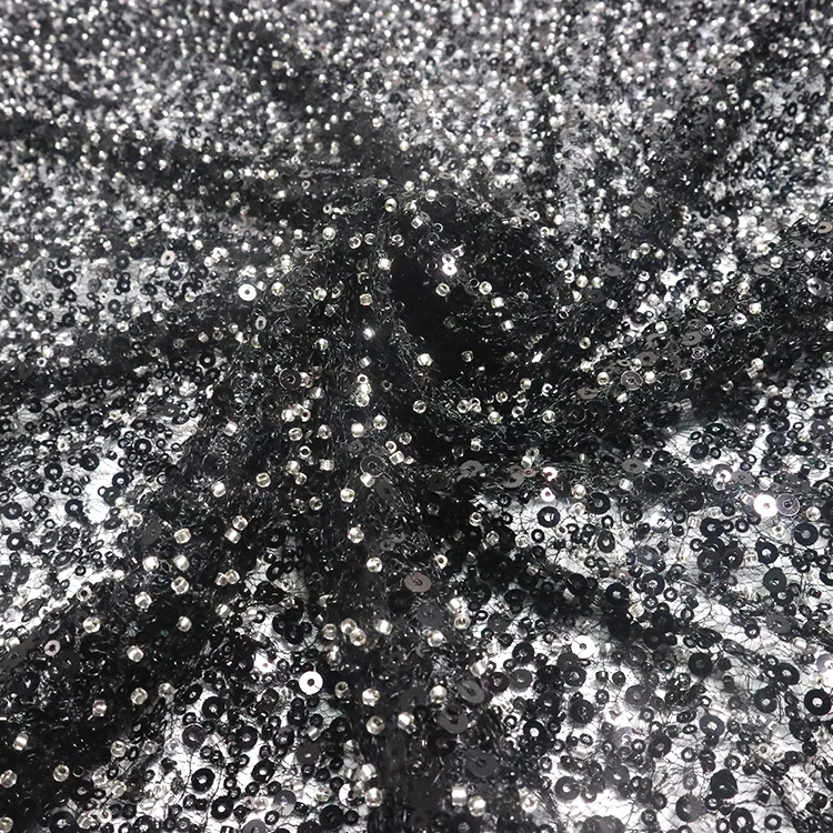 X100 Luxury Black Beaded Sequin Latest Heavy Beaded Embroidery Lace Fabric For Wedding Gown