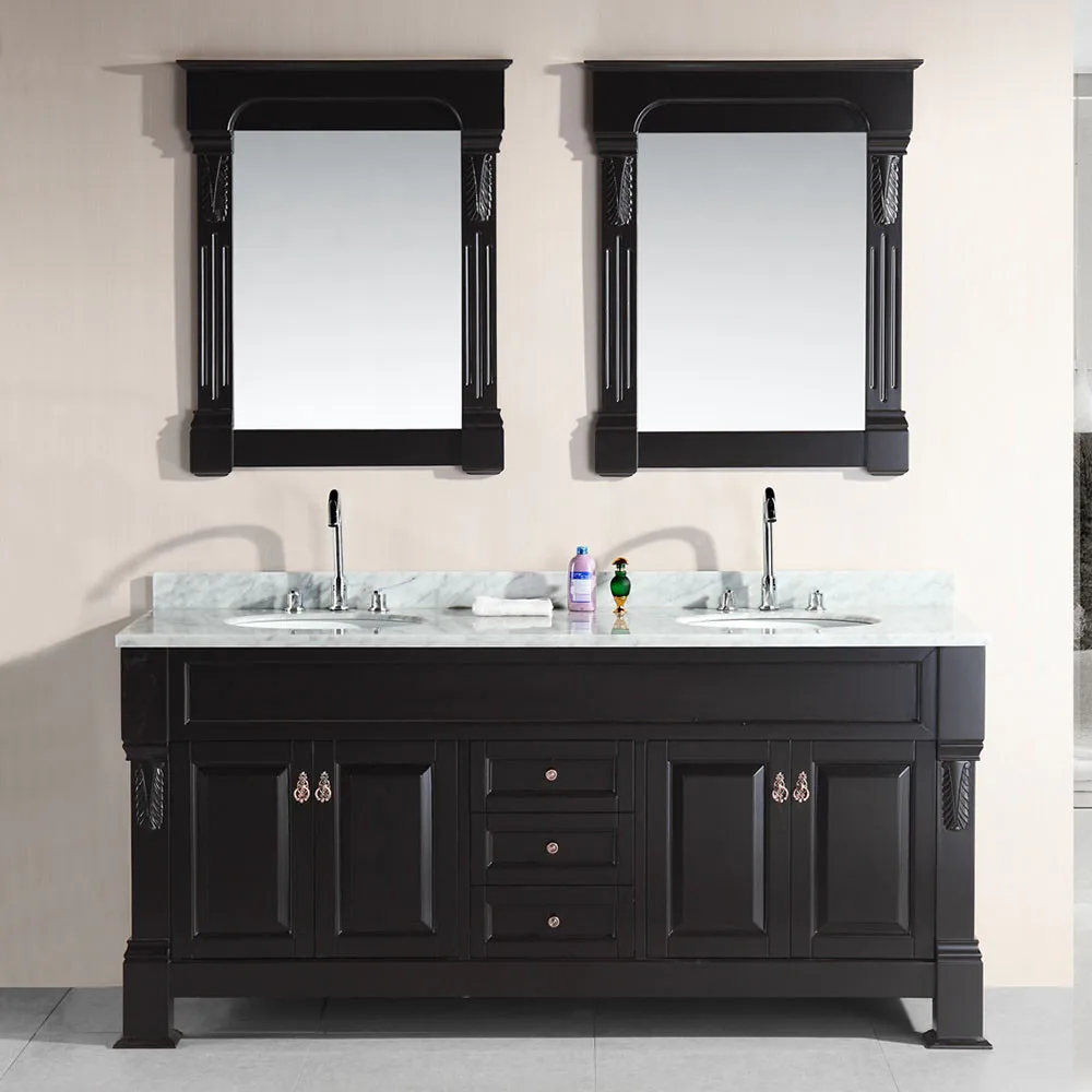 Double sinks bathroom furniture espresso finishing ash grey floor touched classical white solid wood bath vanity