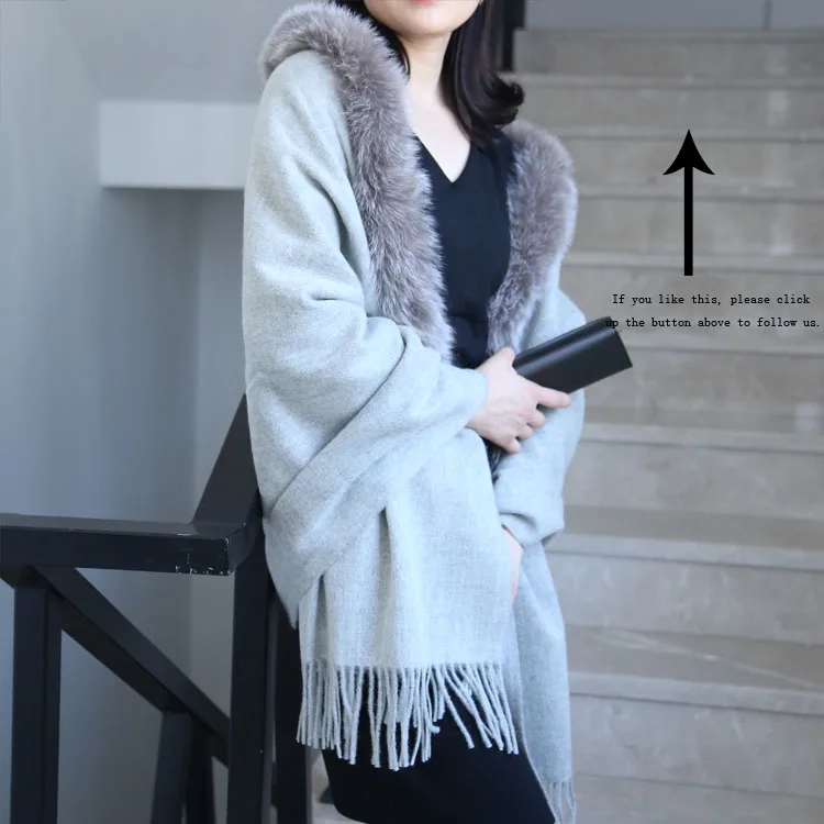 
Warm Plain Fox Fur Trim Tassel Wool Yarn Dyed Woven Long Big Shawls Stole Wrap For Women 
