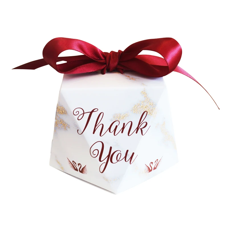 
Retail white diamond style folding candy boxes with red ribbon 