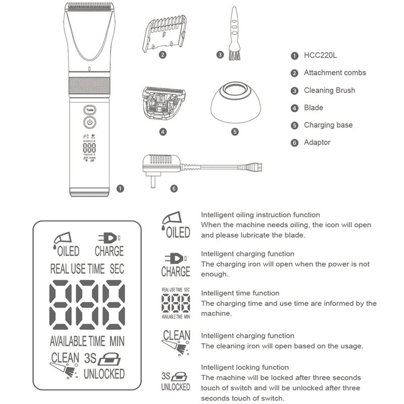 LED Display Screen Rechargeable Hair Trimmer Professional Electric Hair Clipper 360 Degree Charging Base Hair Cut Machine