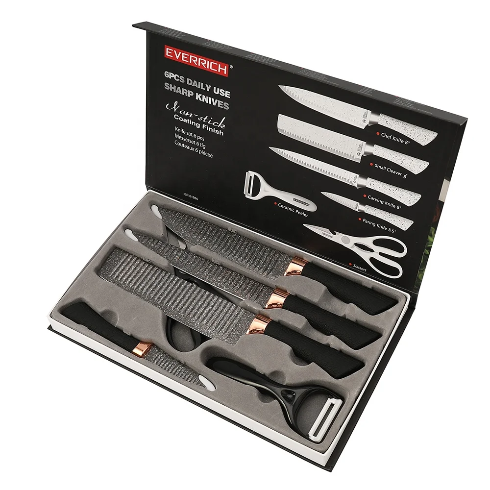 New design soft touch handle with nonstick marble coating blade kitchen knife set