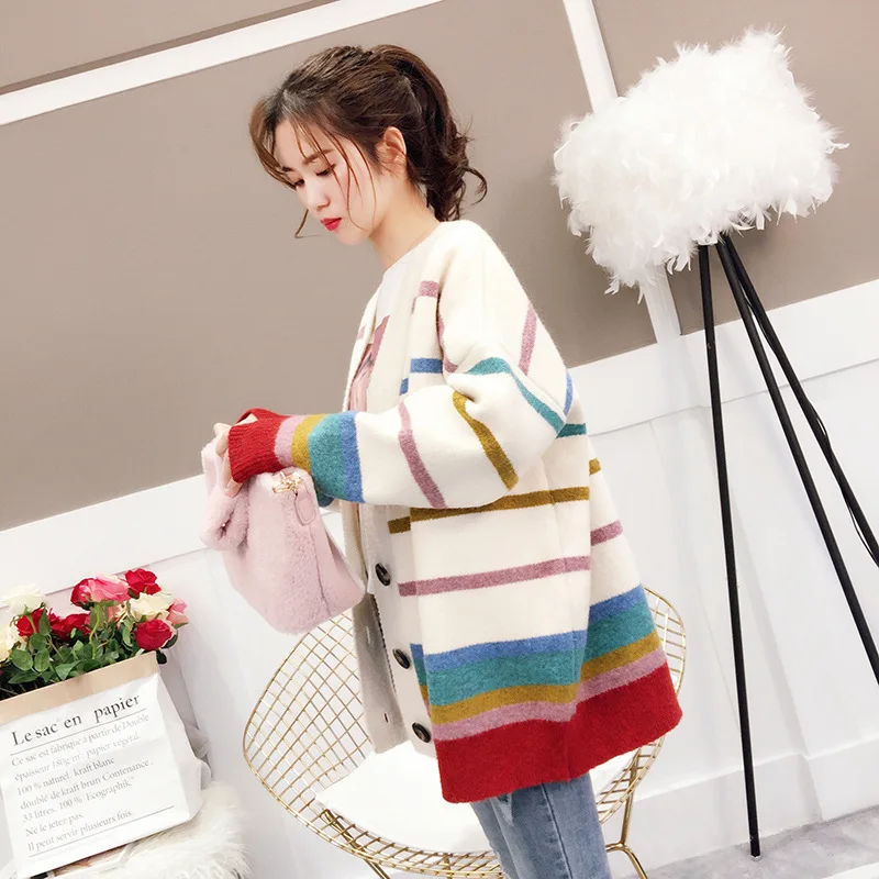 spring autumn casual v-neck front open buttons up rainbow stripe ladies cardigan sweater winter women knitted loose coat