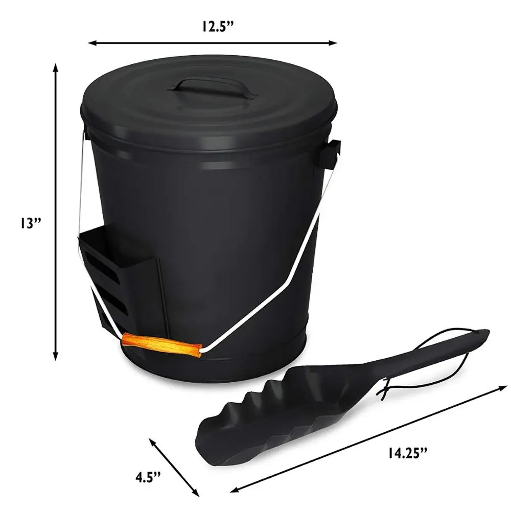 Black Ash Bucket with Lid and Shovel For Fireplace