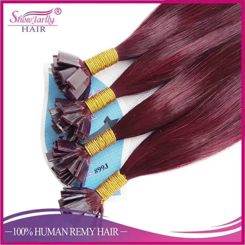 
Keratin hair extension russian human hair red plum wine color prebonded flat tip hair extensions 