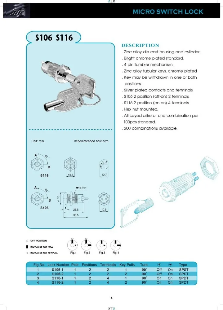 Micro key switch lock with 2 keys