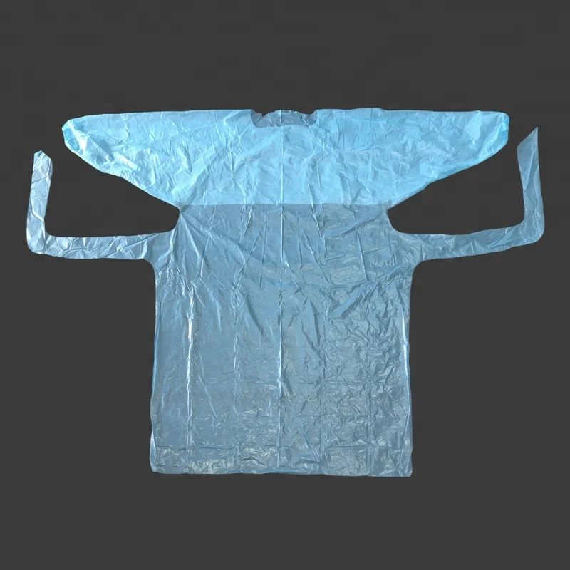 Blue & White disposable waterproof Plastic patient cpe gown with rubber rolled cuff Available in standard and reinforced