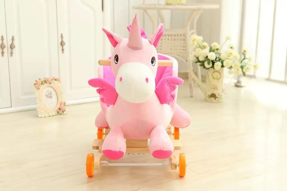 60*35*50cm Adorable ICTI and Sedex audited new design plush rocking pink unicorn animal chair toy with wooden base&music