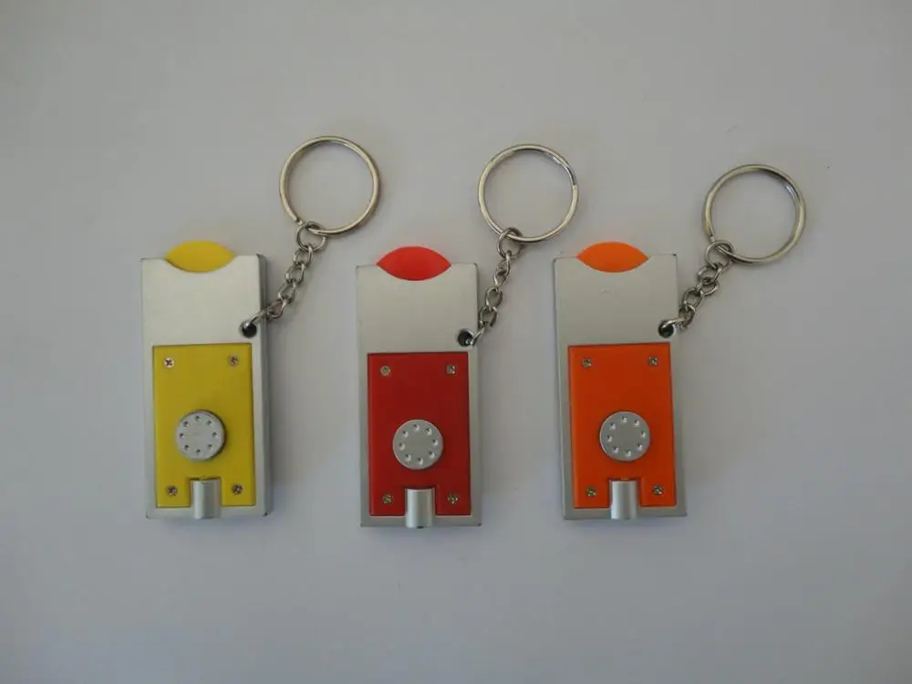 Promotional Plastic Led Trolley Euro Coin Holder  Key chain, Trolley Coin Keyring, Flashlight Supermarket Shopping Cart Keychain