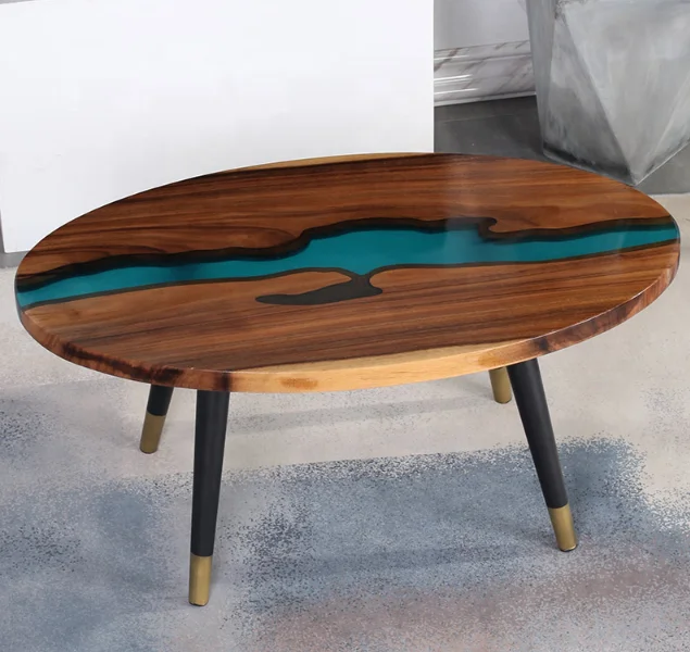 Home Furniture Beautiful clear blue river center solid wood epoxy resin table coffee table for living room