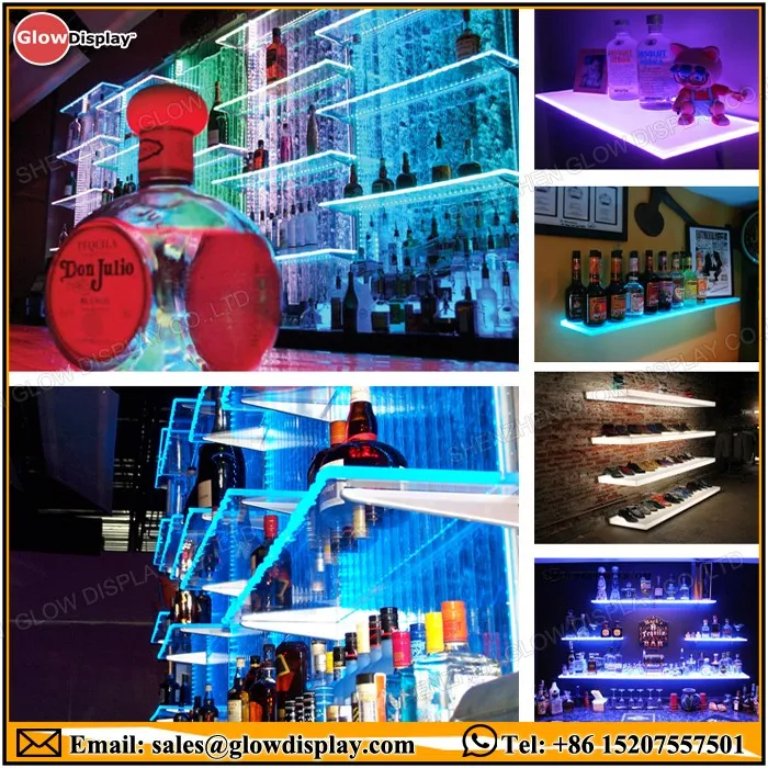 LED Lighted Floating Bar Shelves with Integrated Wine Glass Rack