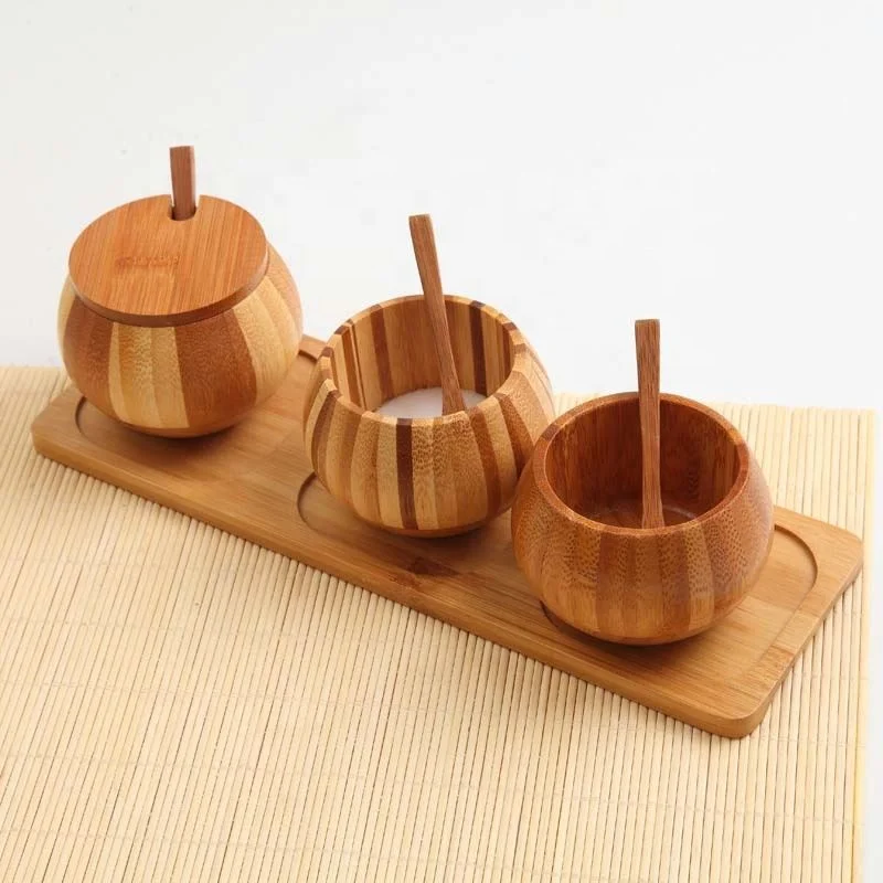 Natural bamboo salt and spice box with spoon hole spice jar salt shaker mixing bowl