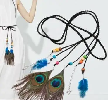 WIIPU Black Nubuck Leather Braided BOHO Belt Headband Wrap Beaded Feather Accessorie