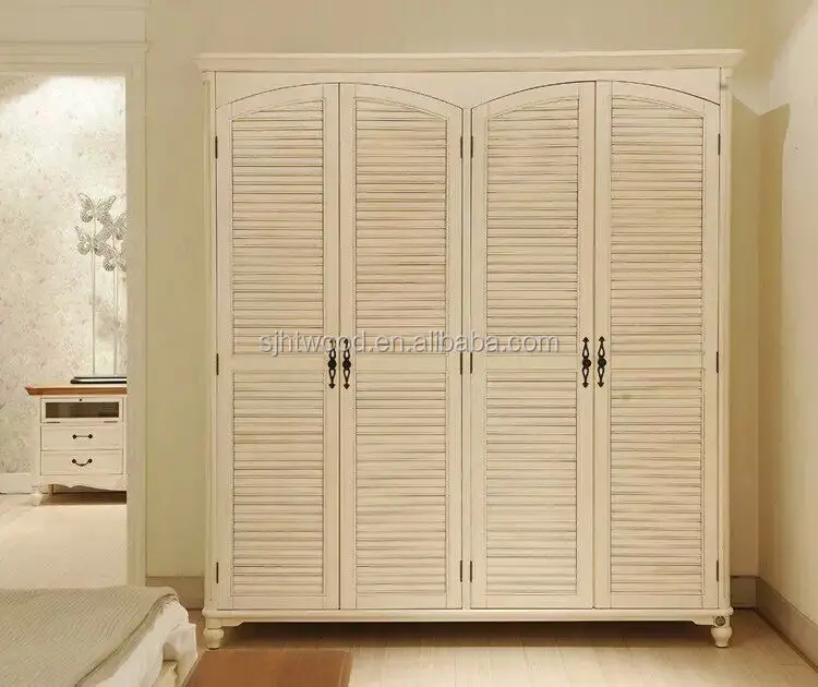 Beautiful wooden cabinets 4 doors louver design bedroom wardrobe