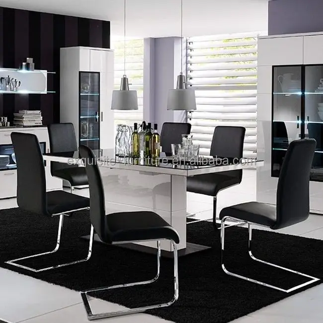 New design high gloss dinner table MDF wood panel 5mm black painted glass top metal base dinning table for sale