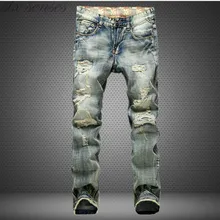 Big Size 42 European Style Men Jeans Famous Brand Holes Frazzle Jeans Mens Casual Leisure Denim Long Pants Light Blue SL0293