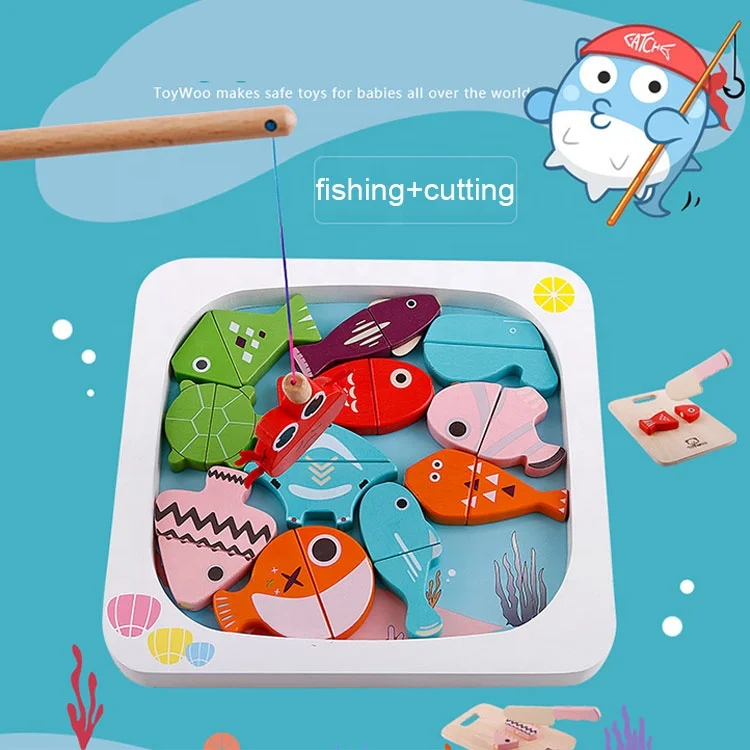 Multifunction Educational Cutting Fish Kids Wooden Ocean Fishing Game Magnets Toys