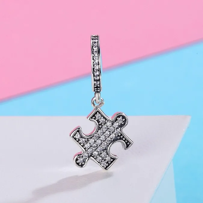 
925 Sterling Silver Puzzle shape Dangle Charms Clear CZ Charms Fit Snake Chain Bracelet and Necklace 