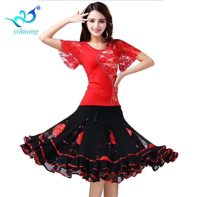 Ballroom Dance Costume Set Waltz Rumba Latin Stage Performance Wear Competition Tops& Skirt Flower Patterns Tango Cha Cha