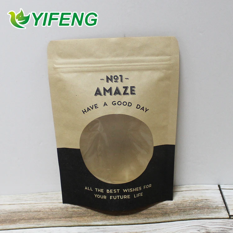 Ziplock Stand Up Pouch Kraft Paper Bags Doypack With Clear Window And Zipper