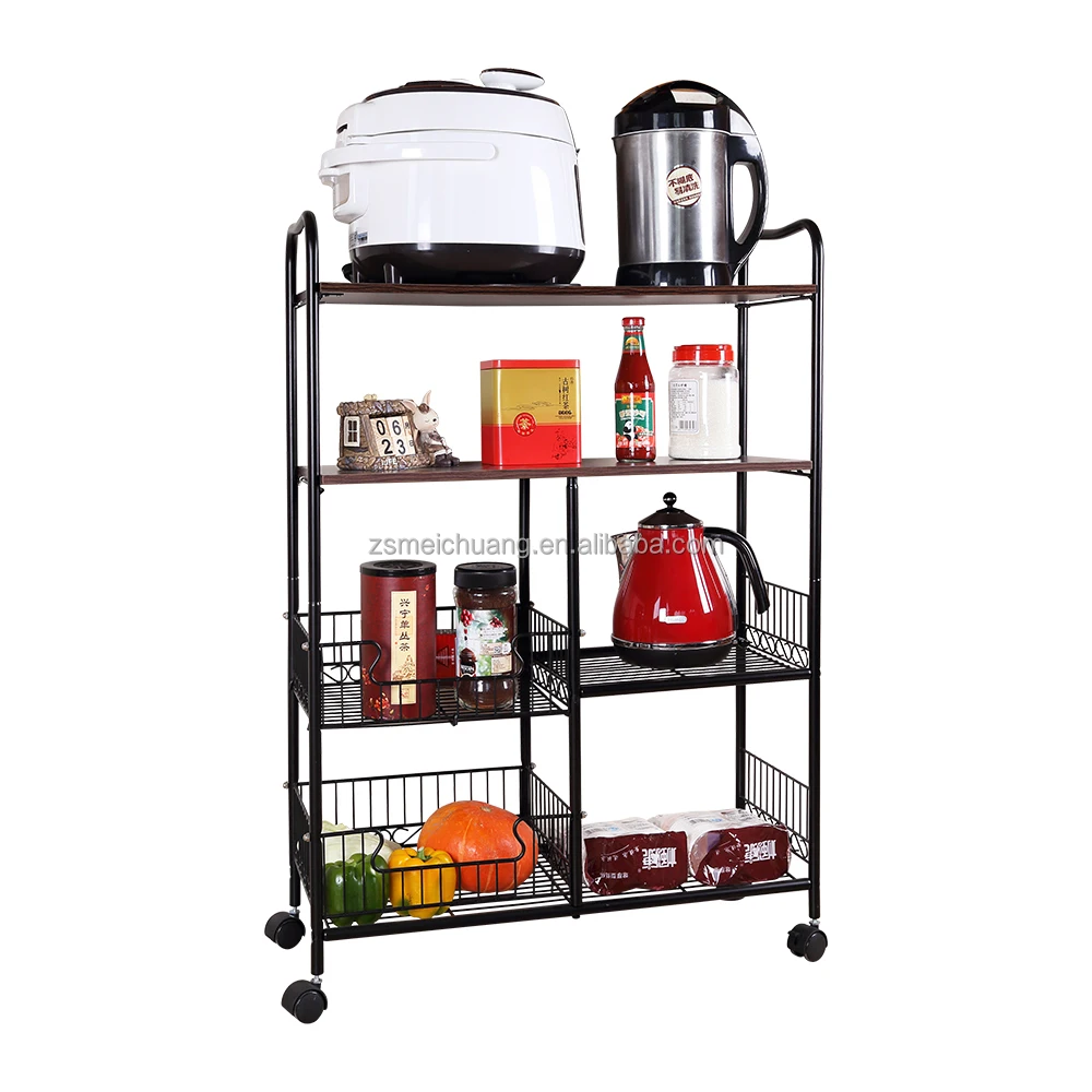 4 Tier Portable Rolling Wire Shelf Wood Top Kitchen Storage Trolley