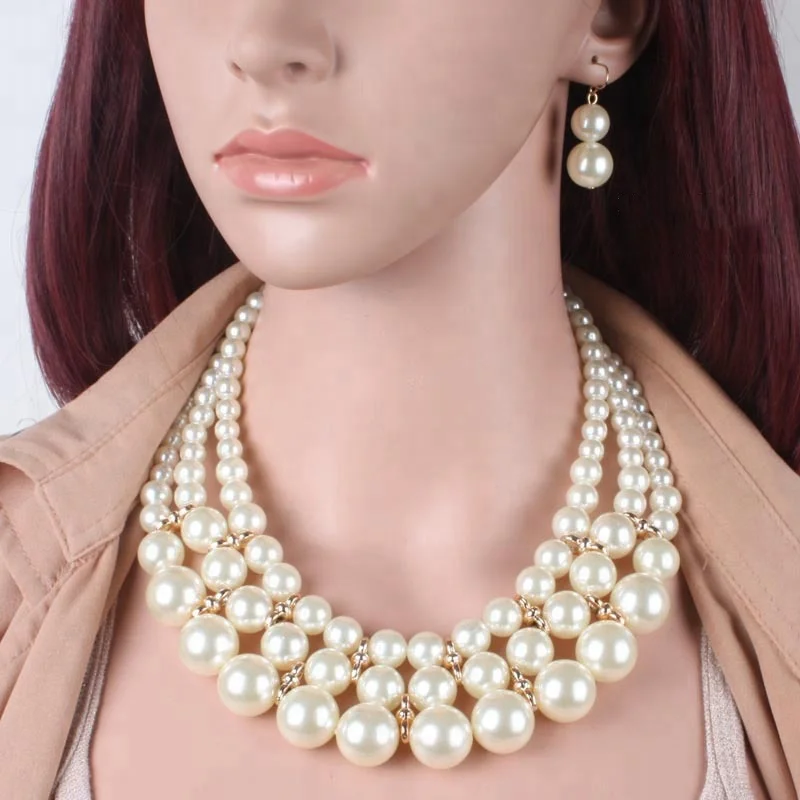 Fashion retro multi-layer pearl necklace earrings set African women exaggerated sweater chain
