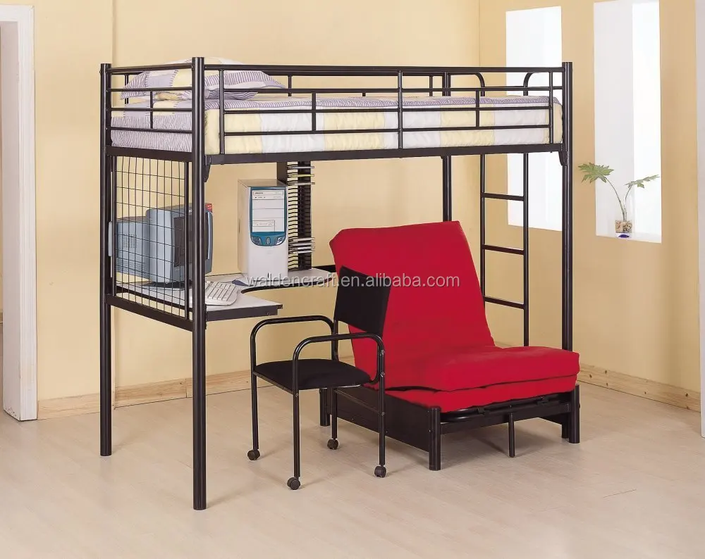 Metal bunk bed with futon desk chair and CD rack black finish